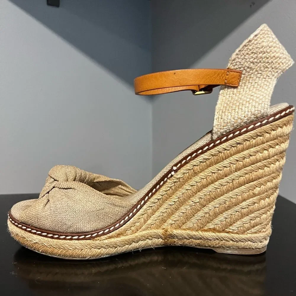 Tory Burch Macy Natural Linen with Metallic Flecks Espadrille Wedges